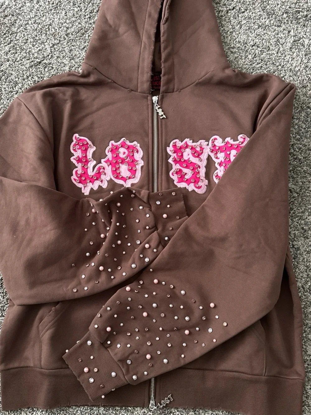 Lost Intricacy Brown & Pink Rhinestone Zip-Up Hoodie XL NWT